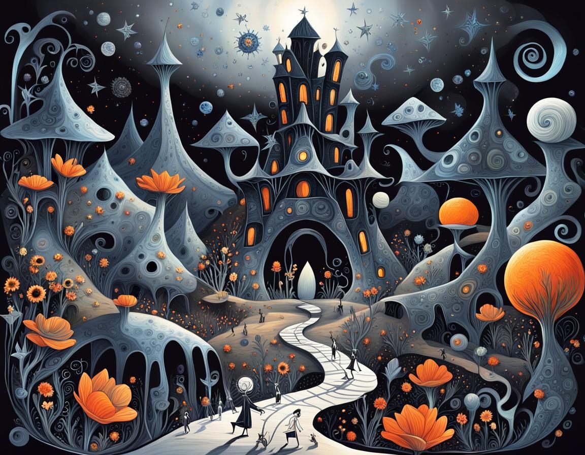 "Sky is orange, earth is orange, crystal and drop of water (whimsical characters of Tim Burton are in a desert:1.4), flo...