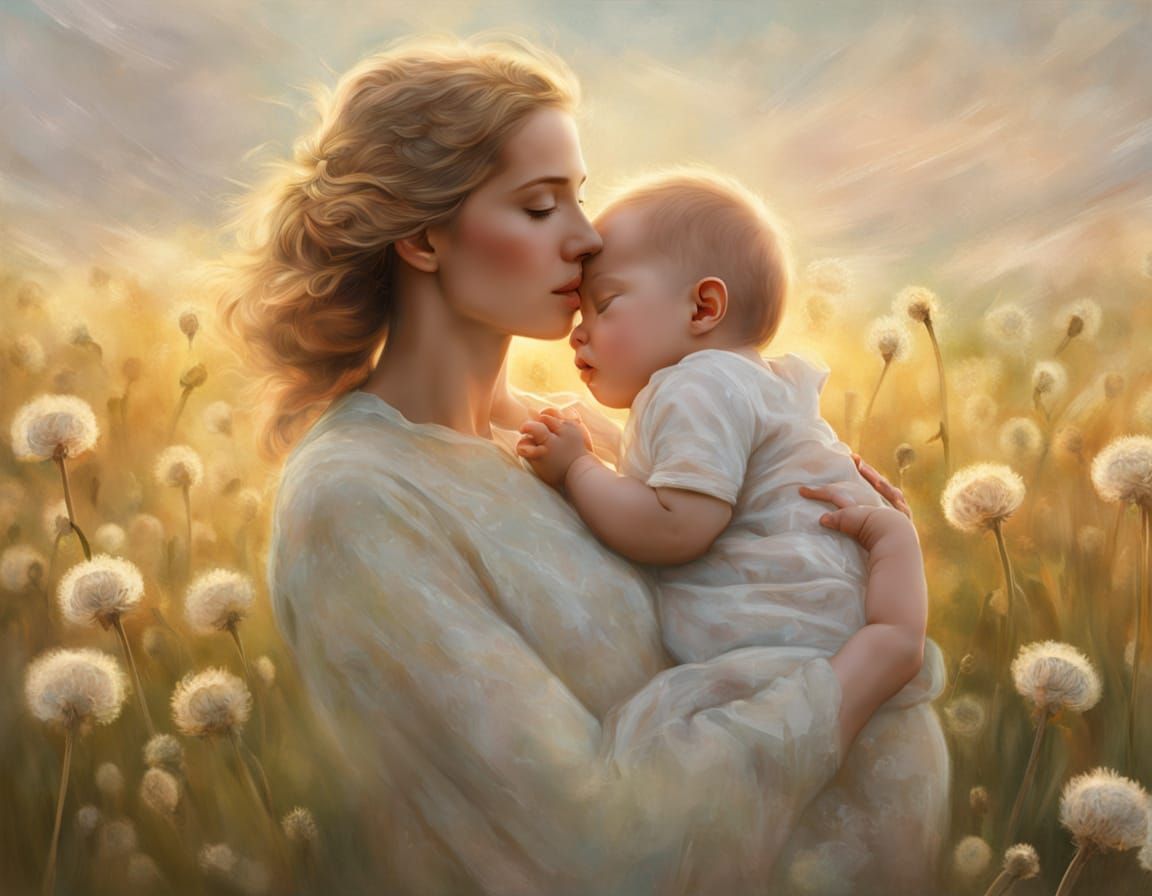 Surrealist Mother & Baby Portrait in Dreamlike Neo-Impressio...
