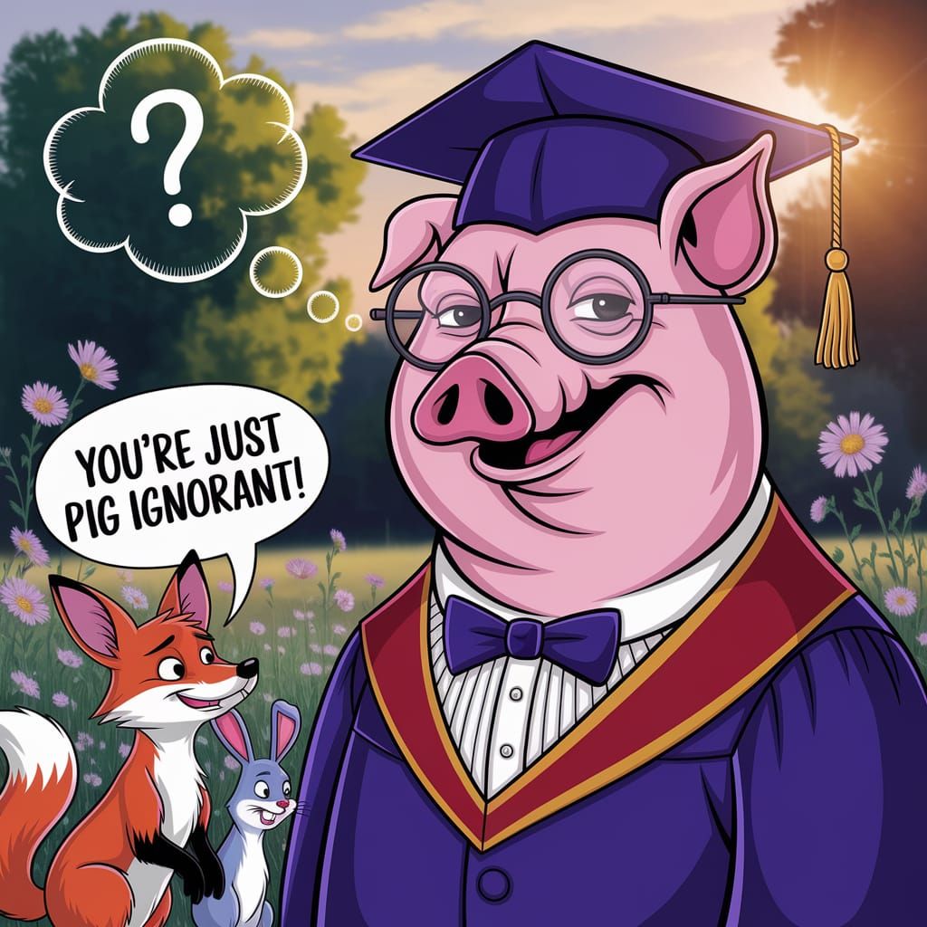 Whimsical Pig Graduate Questioning Ignorance in Caricature