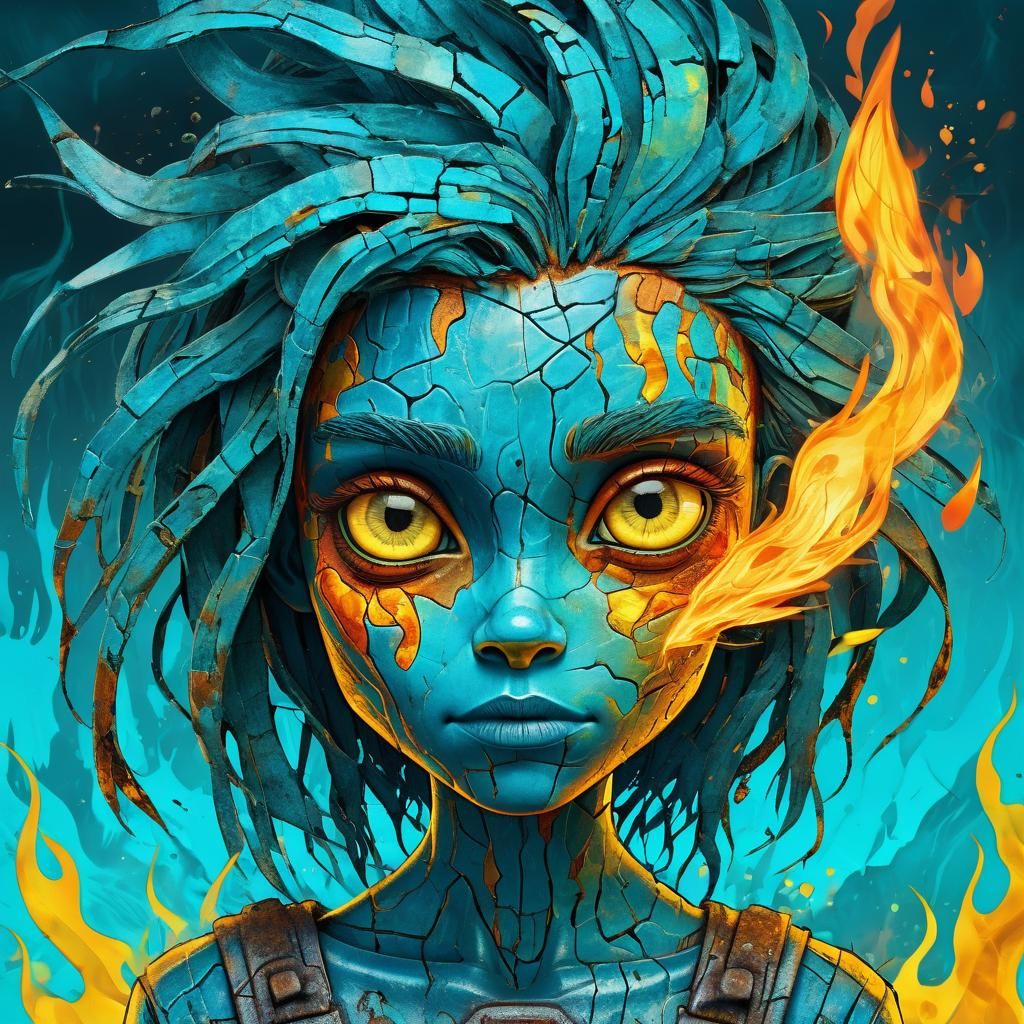 Stylized Animated Character Emerging from Fire