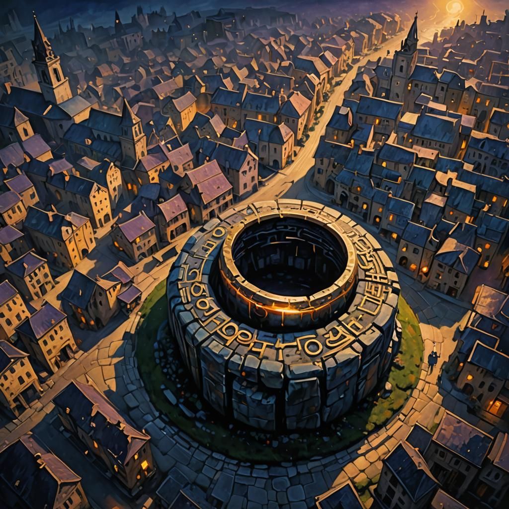 Stone Ring Above Ancient City in Romanticism Style