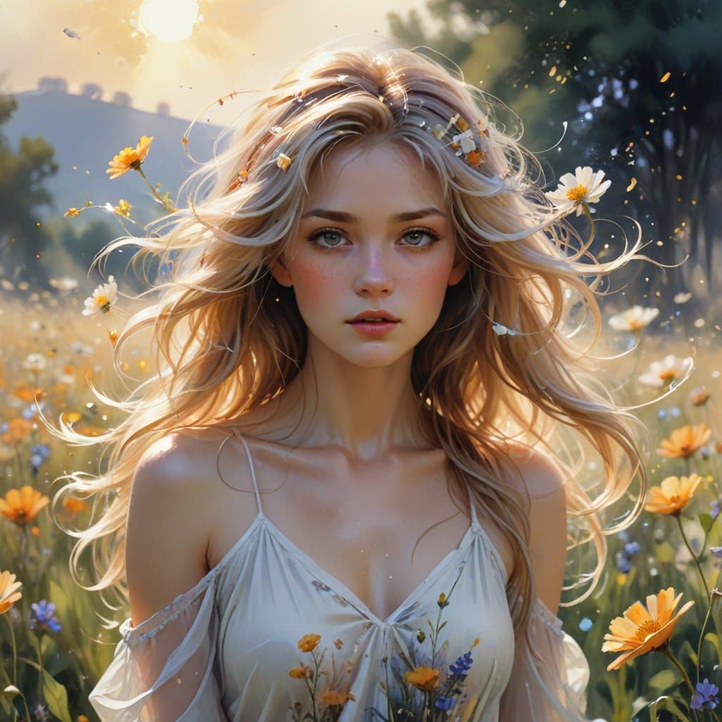 Ethereal Woman in Flower Field: Watercolor Concept Art