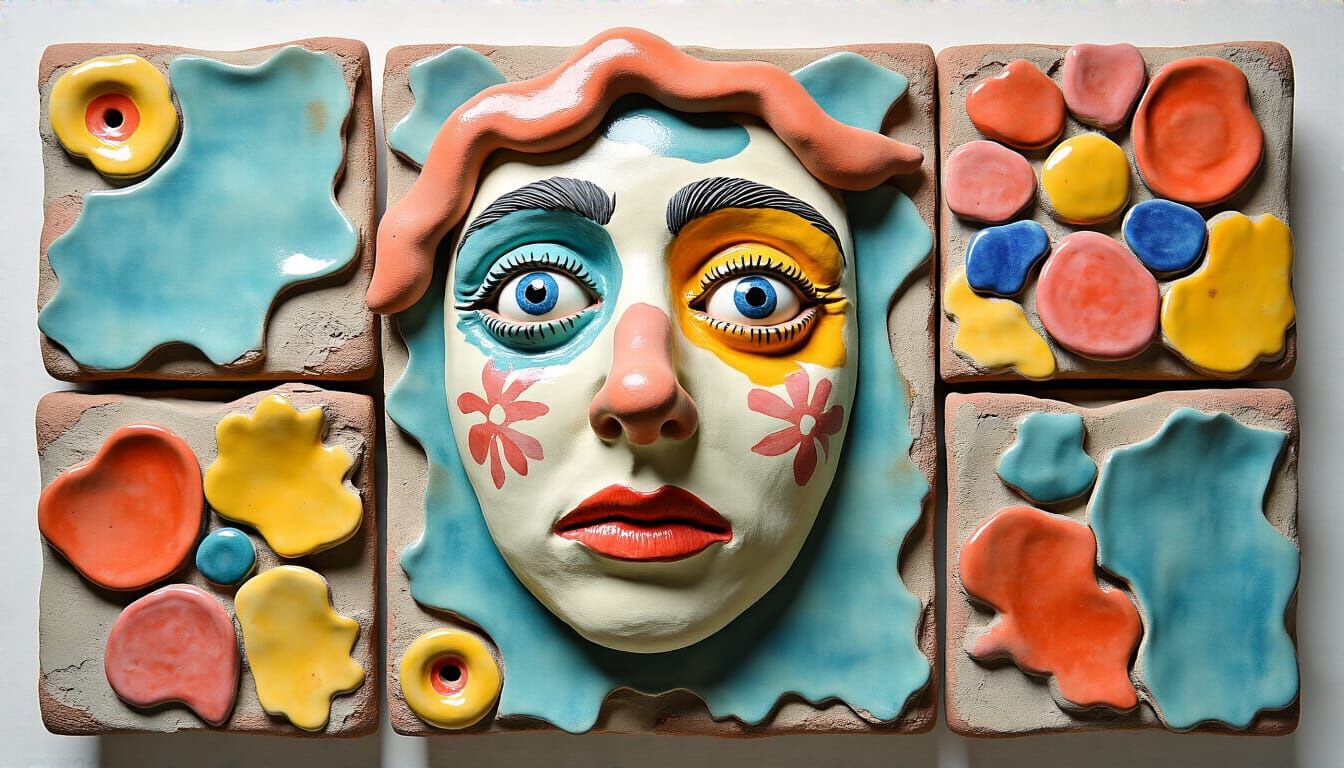 Expressive Glazed Clay Tiles in Surrealist Style