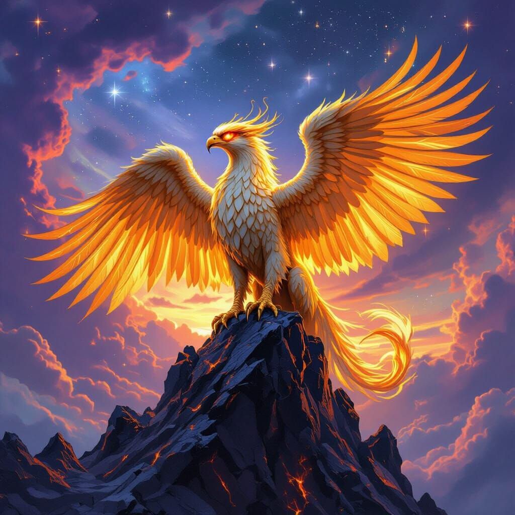 Golden Griffin Perched Atop Obsidian Peak