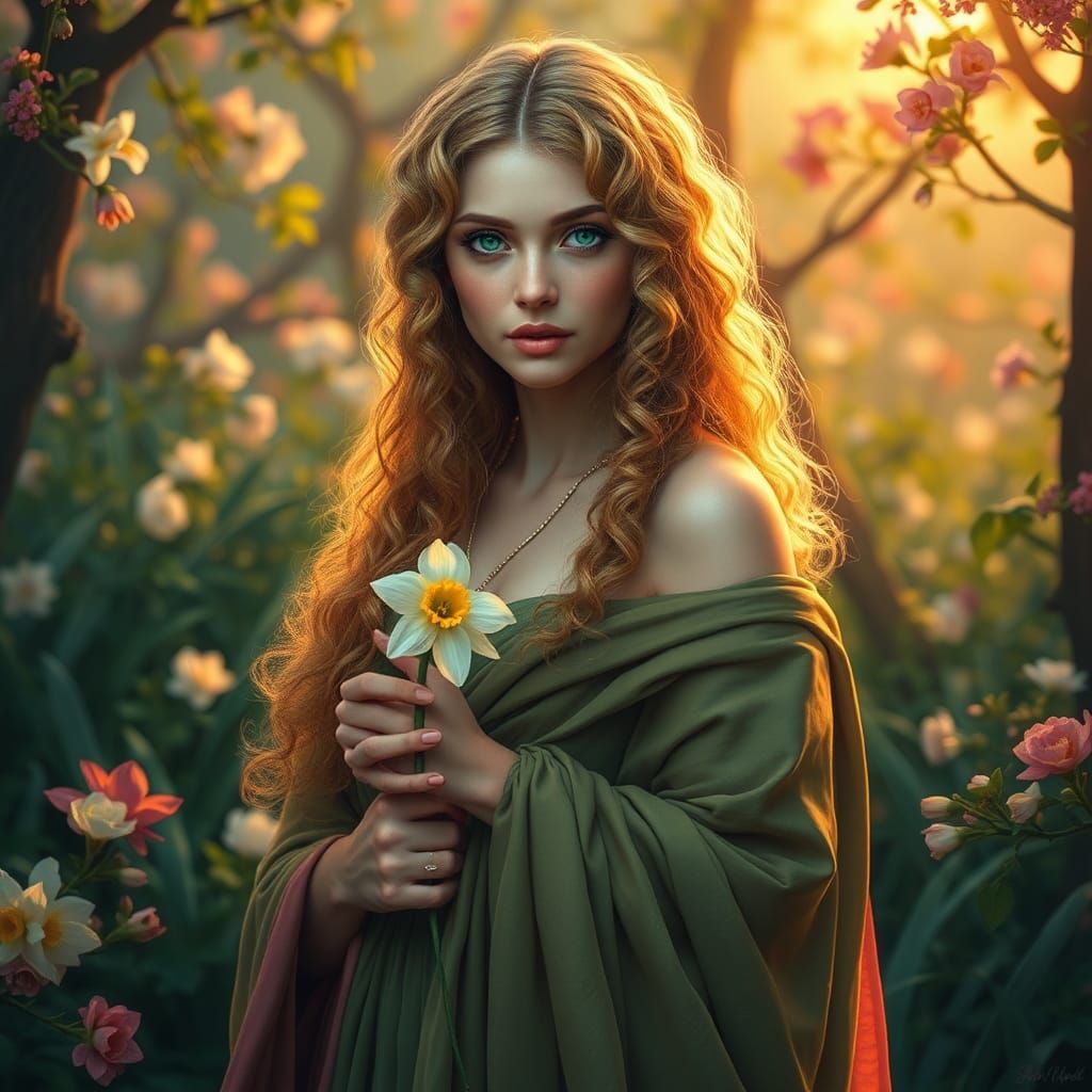 Persephone, Greek Goddess of Spring, in Lush Landscape