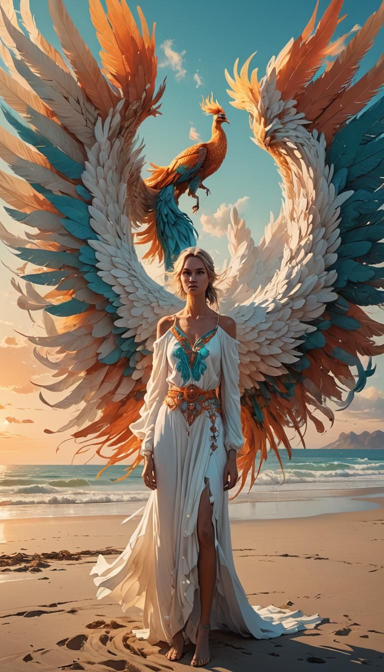 Woman and Phoenix on Beach: Dreamlike Digital Art
