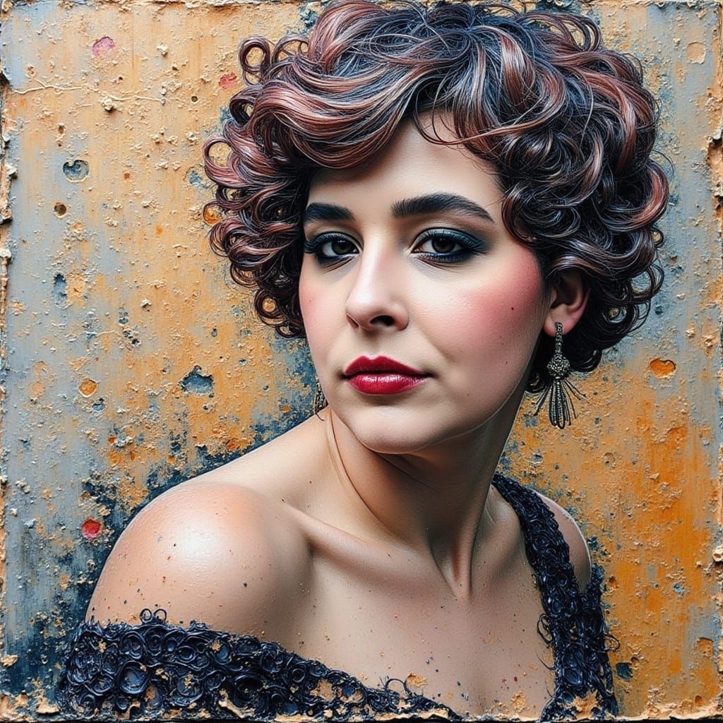 Woman in Vibrant, Textured Collagraph Artwork