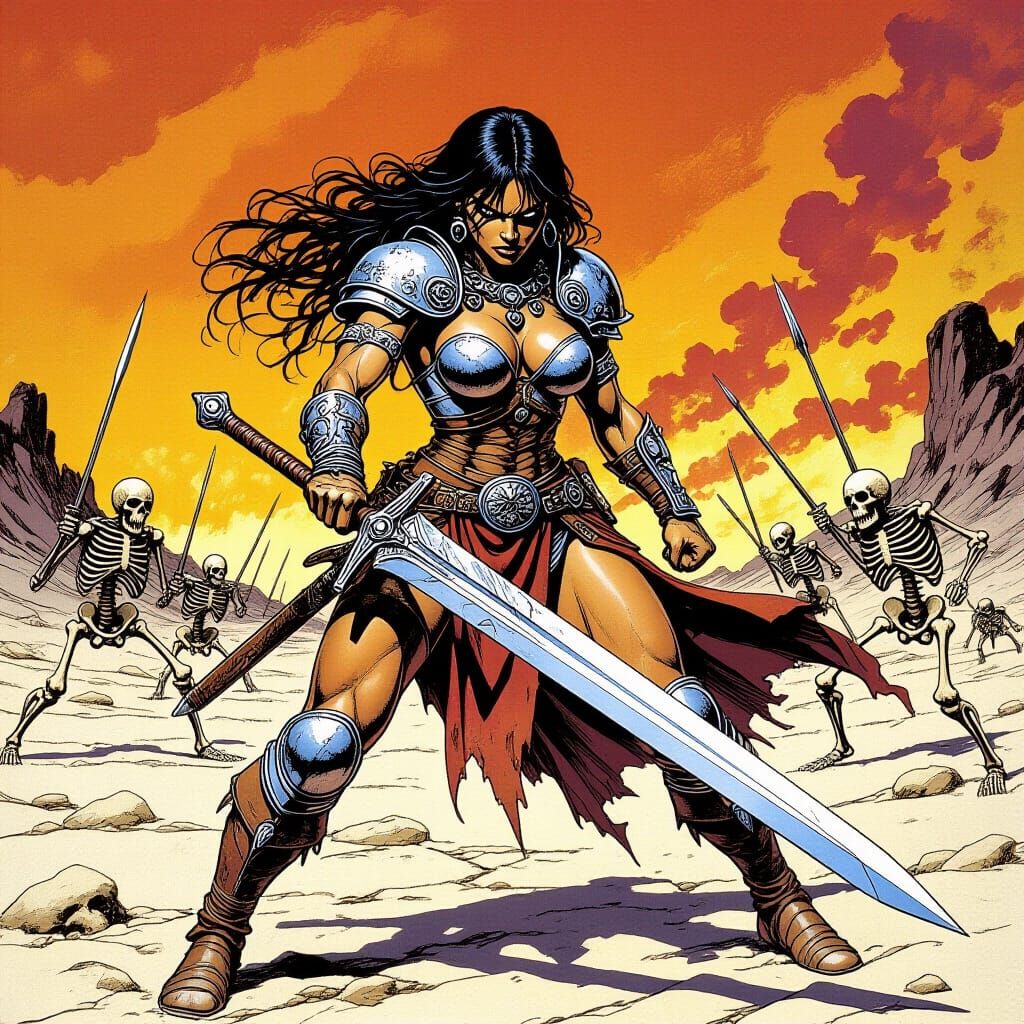 Female Barbarian Warrior Fighting Skeletons in Wasteland