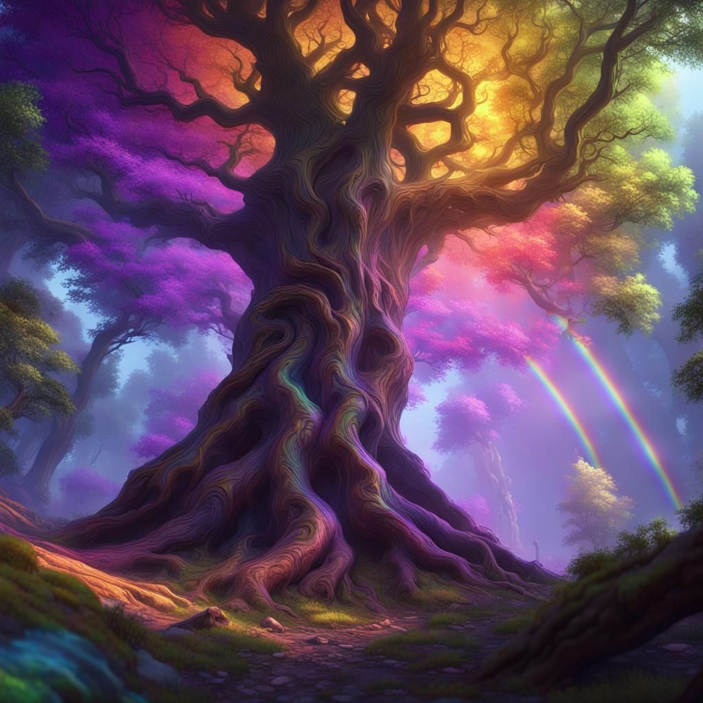 Rainbow Tree in Dark Forest, Fantasy Concept Art