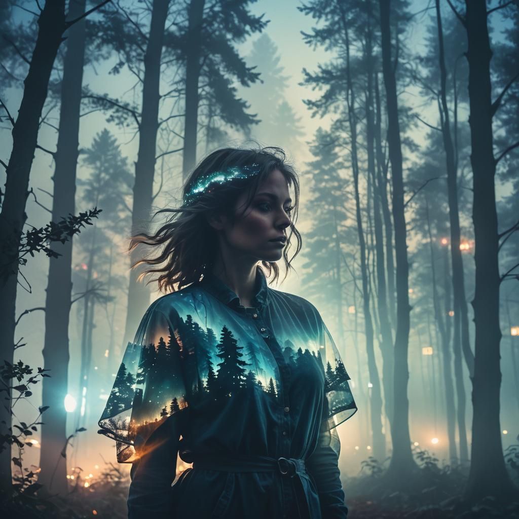 Woman in Double Exposure Silhouette with Cityscape