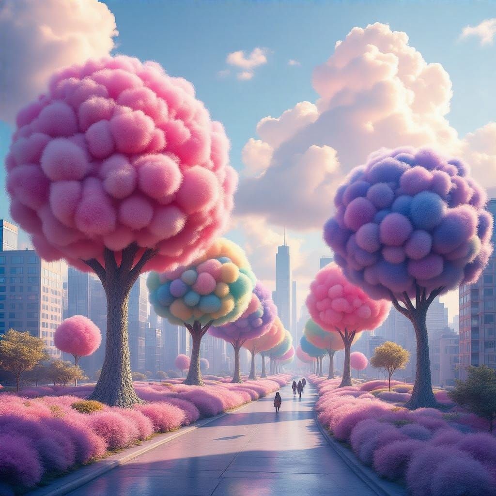 Surreal Urban Dreamscape with Whimsical Fluffy Trees