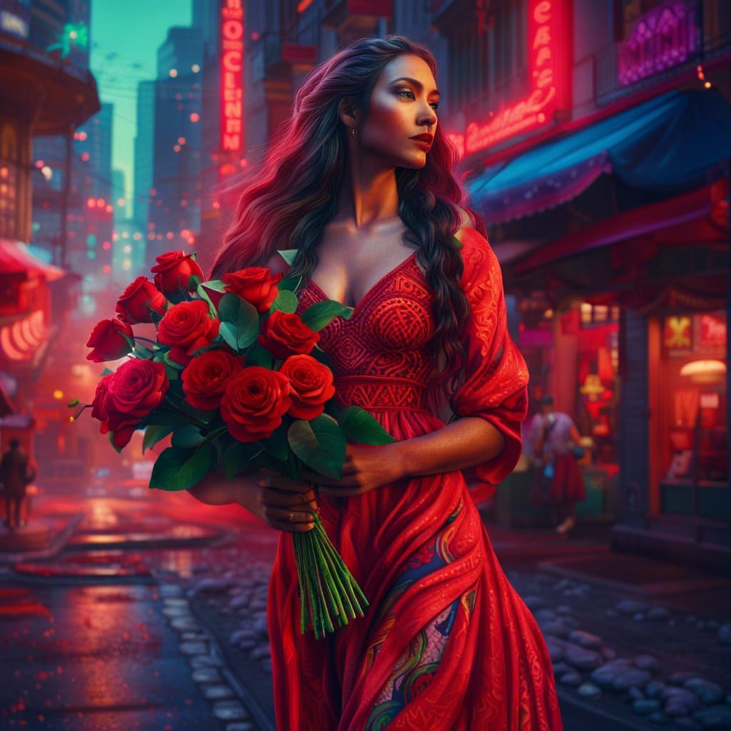 Woman with Roses in Neon City, Detailed Matte Painting