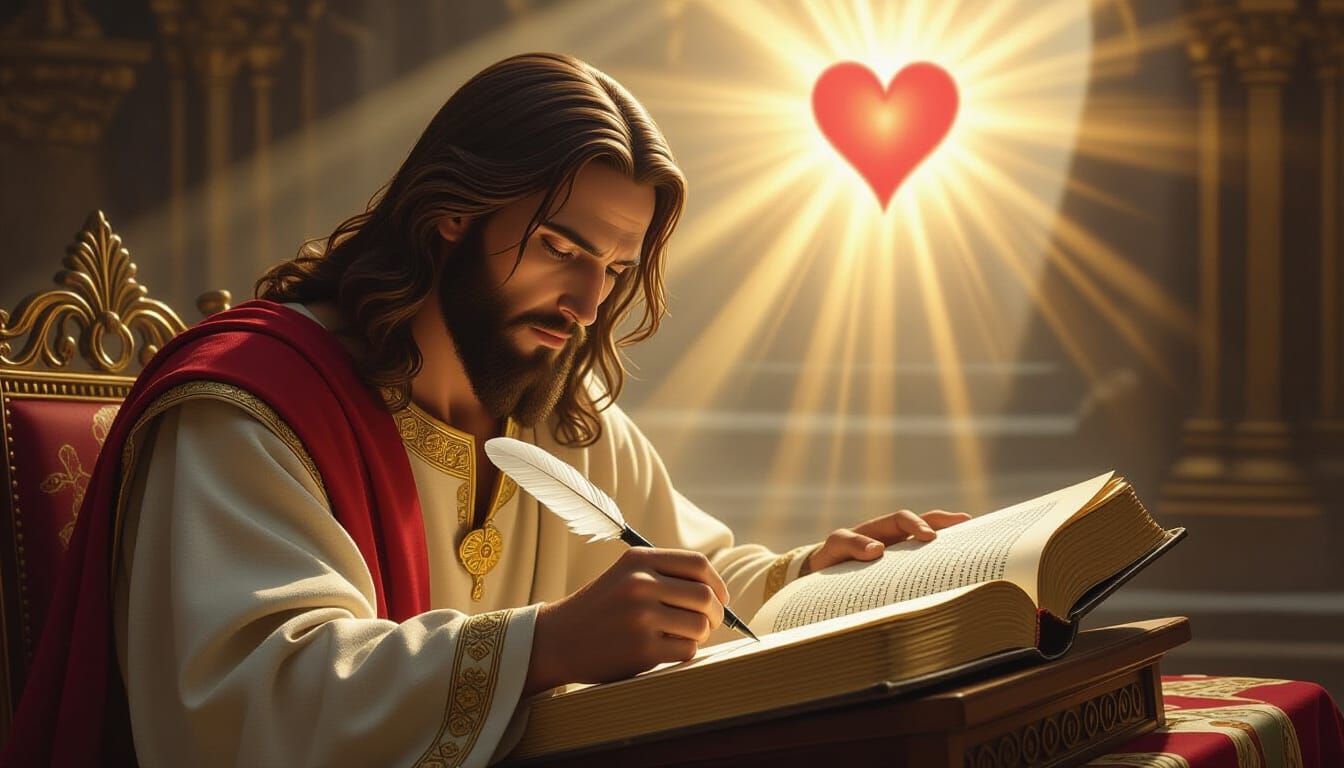 Jesus Writing in Bible with Quill Pen