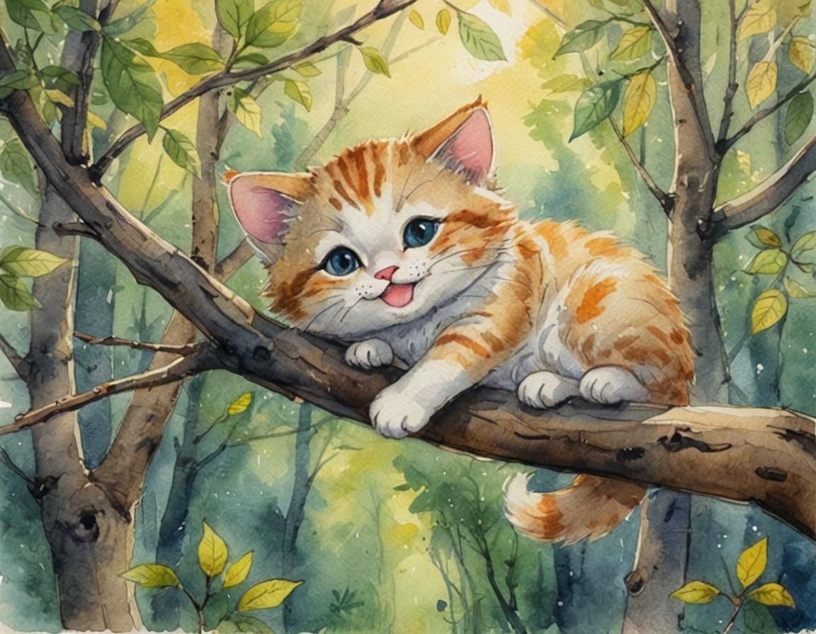 Smiling Cat in Forest, Chibi Ink and Aquarelle