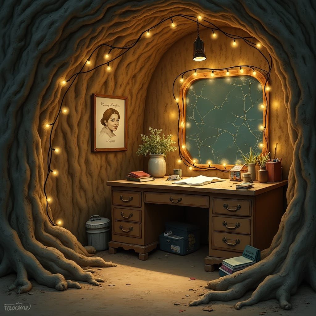 Cozy Burrow with Warm Lighting and School Supplies