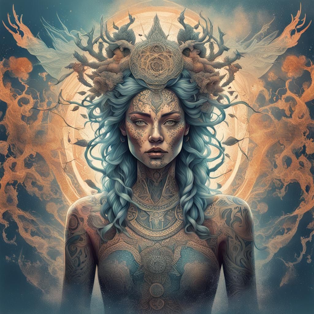 Goddess with Tattoos: Digital Double Exposure Illustration