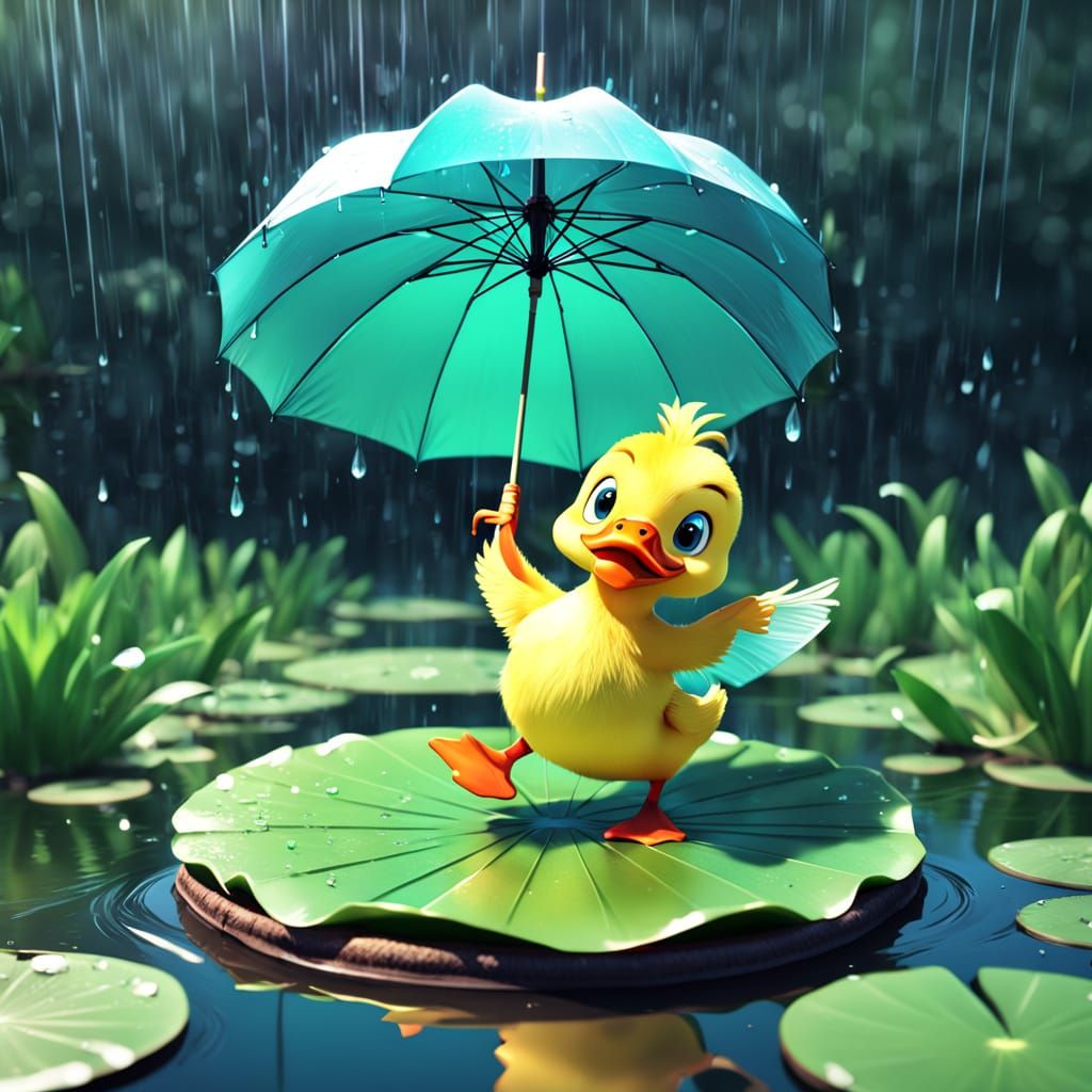 Anime Duckling's Joyful Rainy Dance: 3D Digital Art