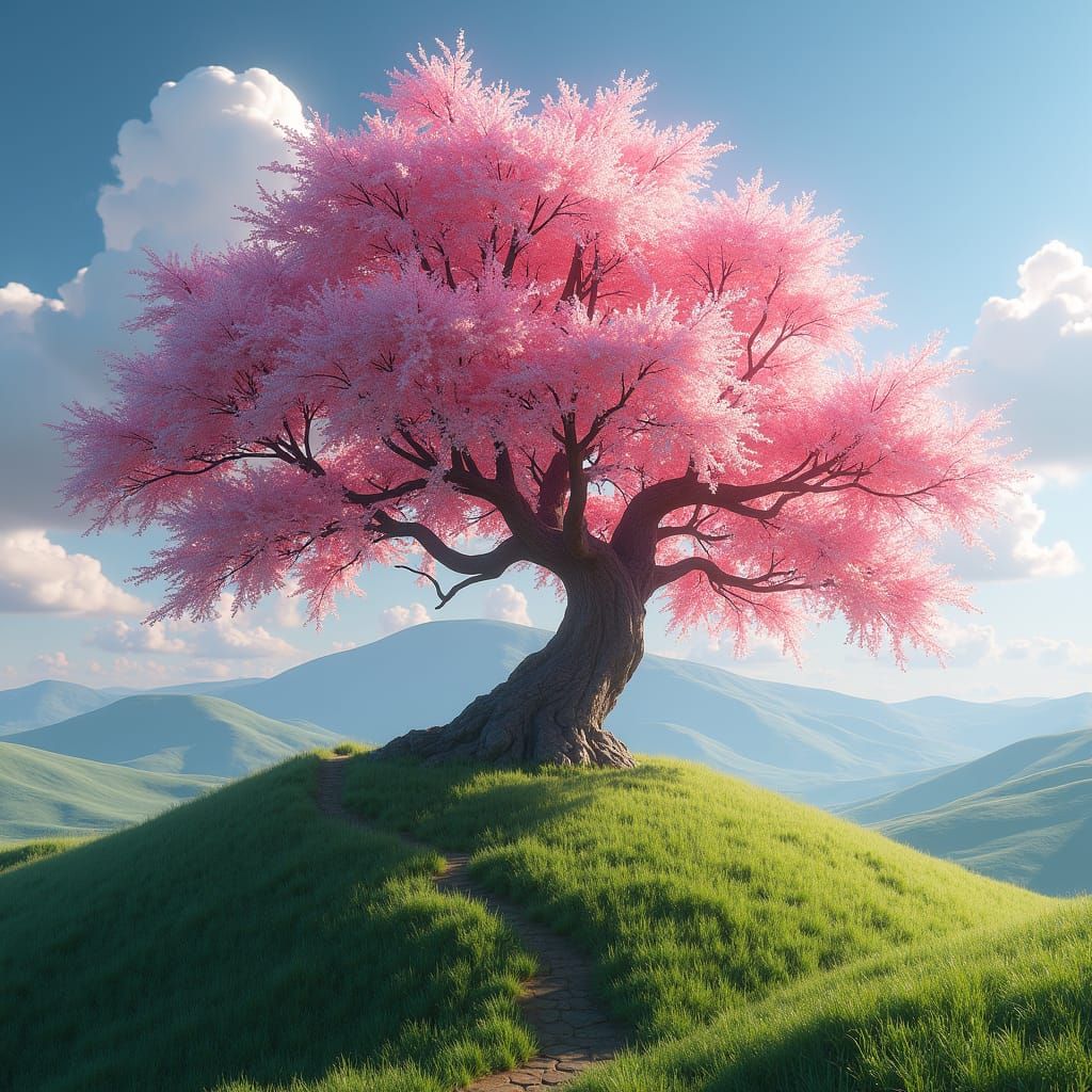 Cherry Blossom Tree on Hill: Digital Art