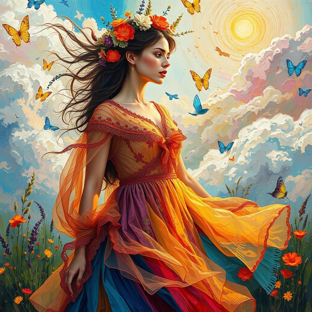 Woman Amidst Colorful Whirlwind in Impasto Style