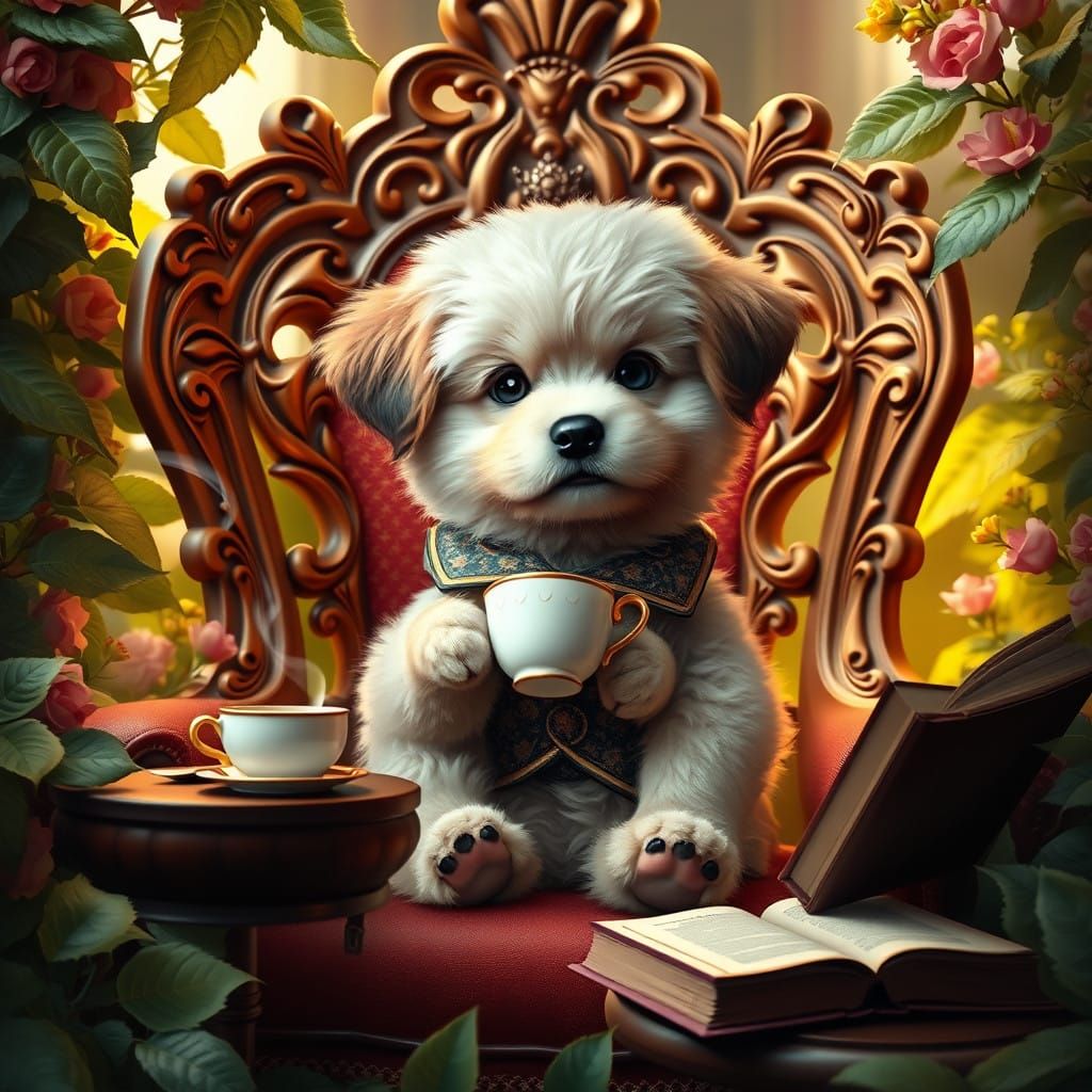 Regal Puppy Sips Tea in Delicate Setting