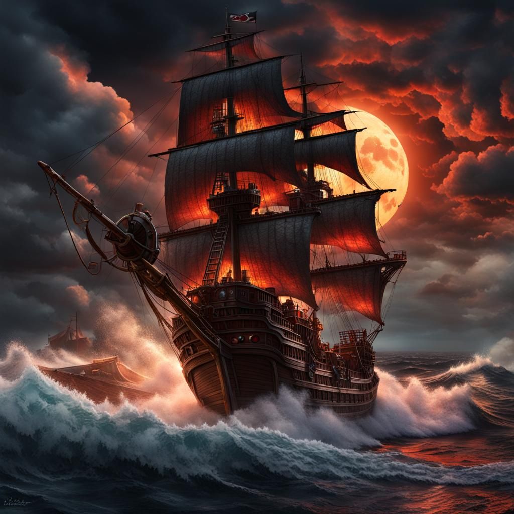 Pirate Ship vs Rogue Wave Under Blood Moon