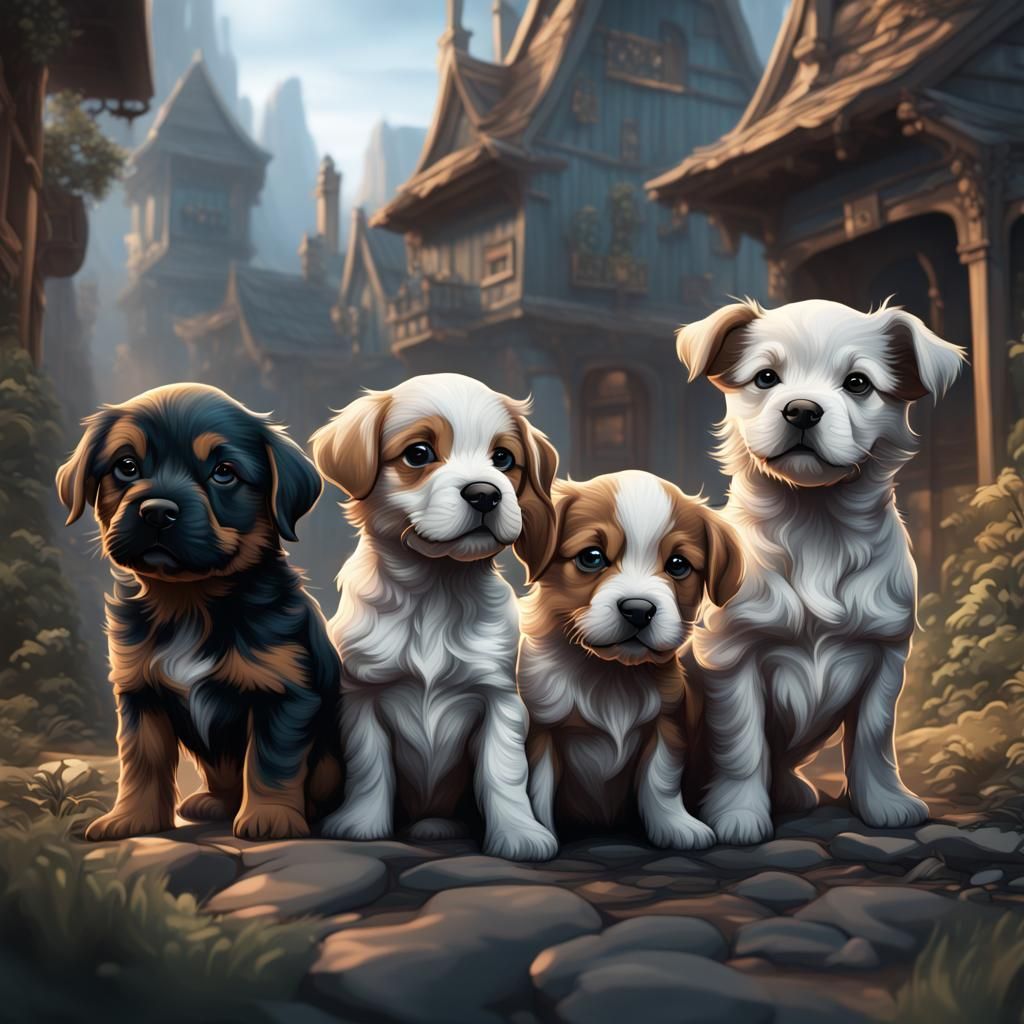 Detailed Line Art of Puppies in Deep Color