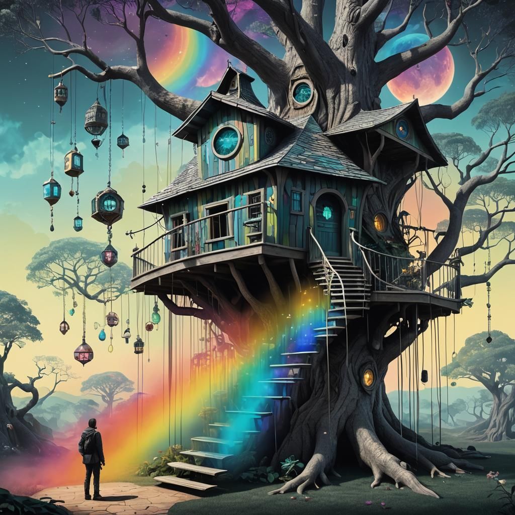 Psychedelic Treehouse Guardian in Surreal Digital Art