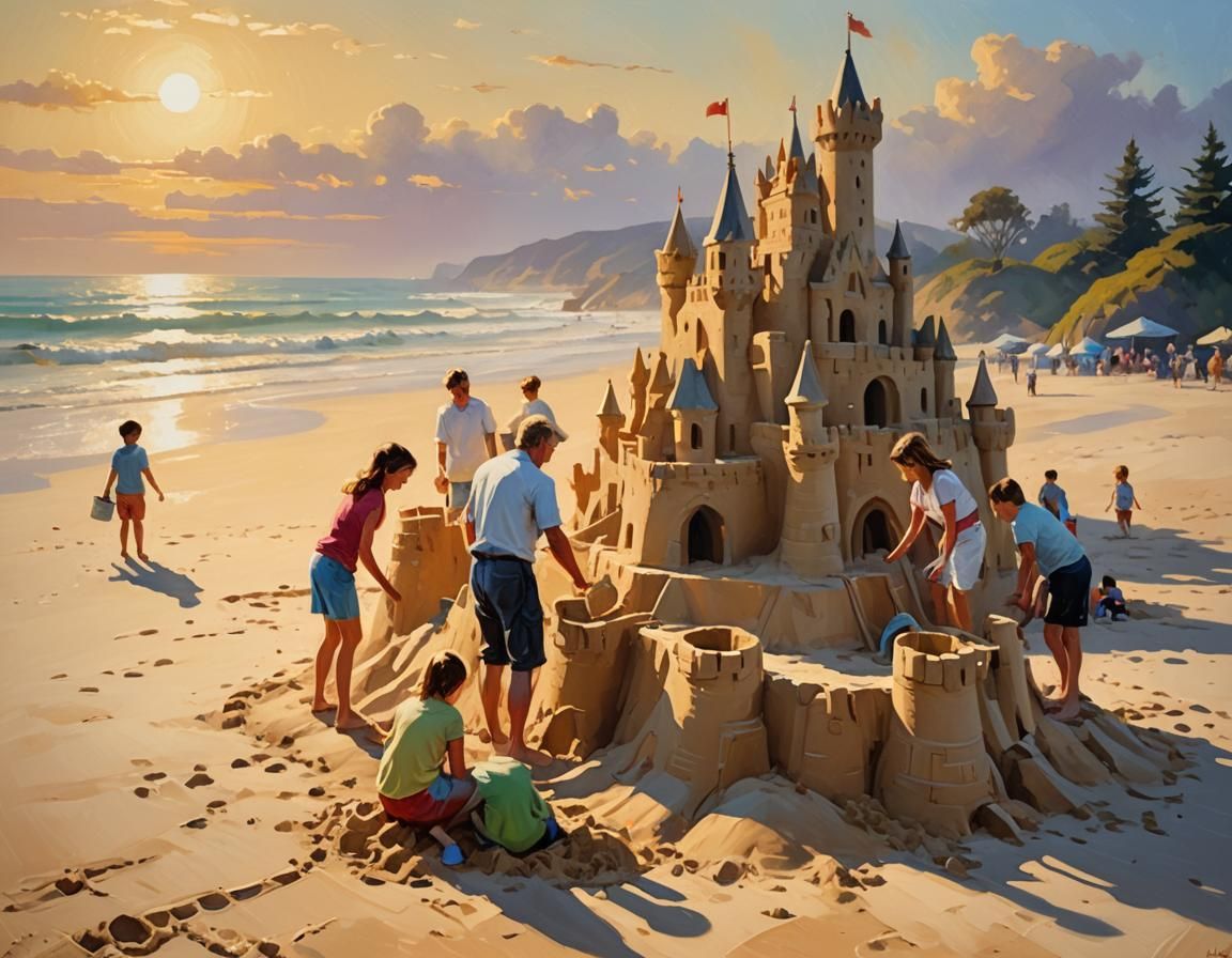 Family Builds Sandcastle: Impressionist Oil Painting