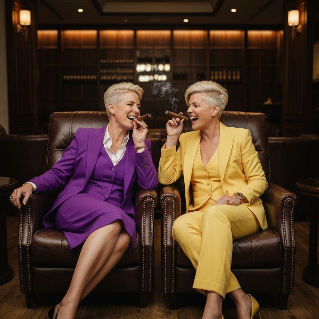 Businesswomen in Purple and Yellow Suits Smoking Cigars