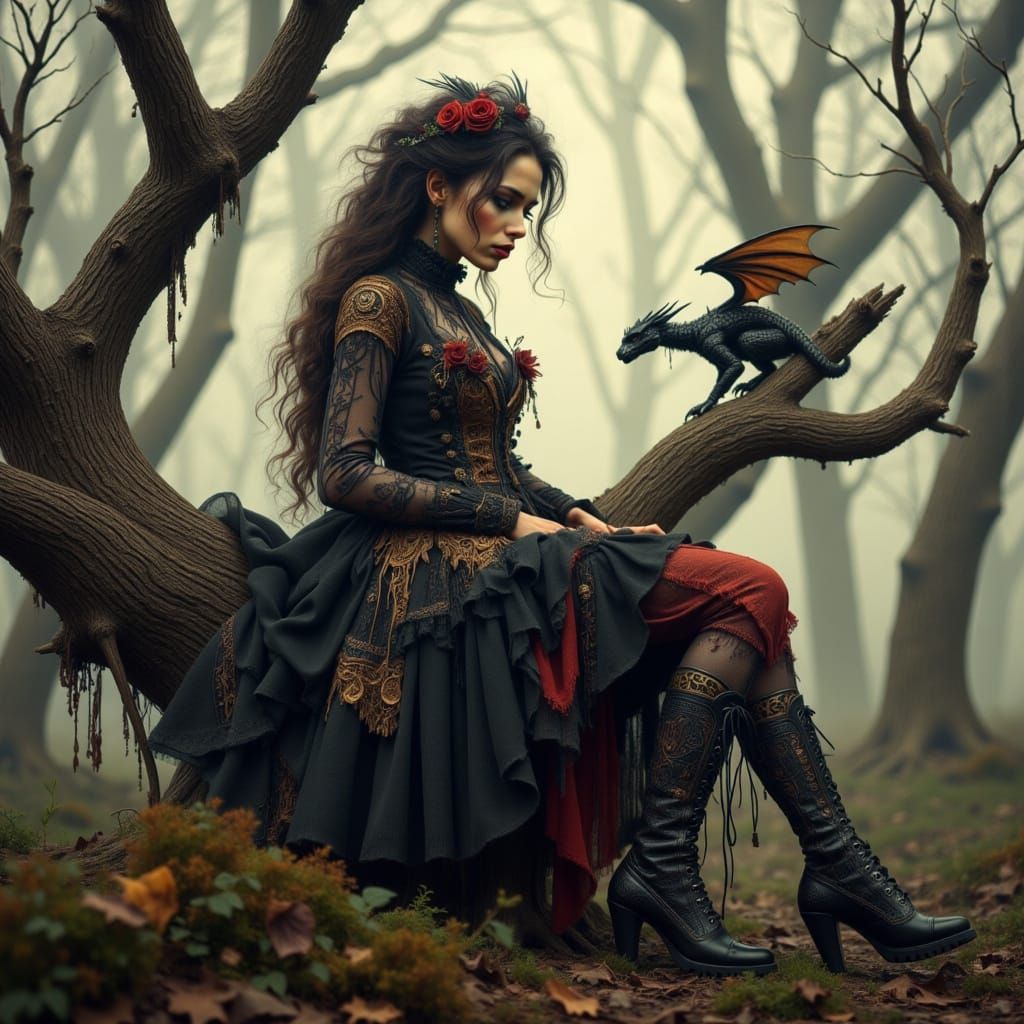 Ethereal Gothic Maiden Amidst Monochromatic Forest