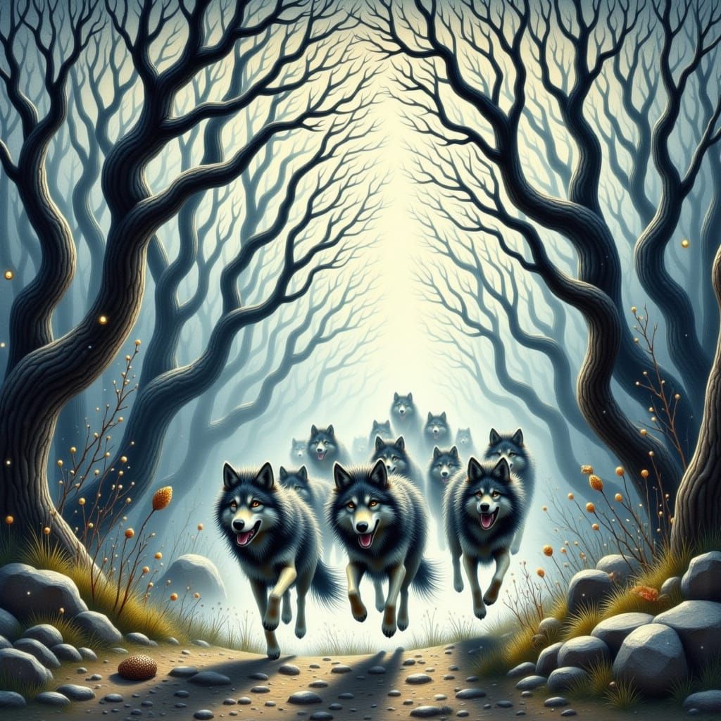 Wolves Galloping Through Misty Forest in Watercolor Style