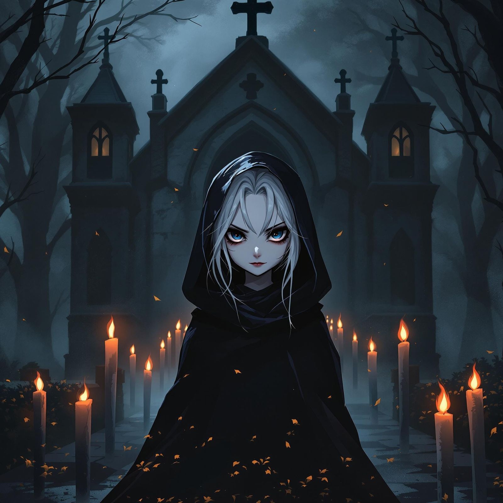 Anime Woman in Dark Robe Before Old Church