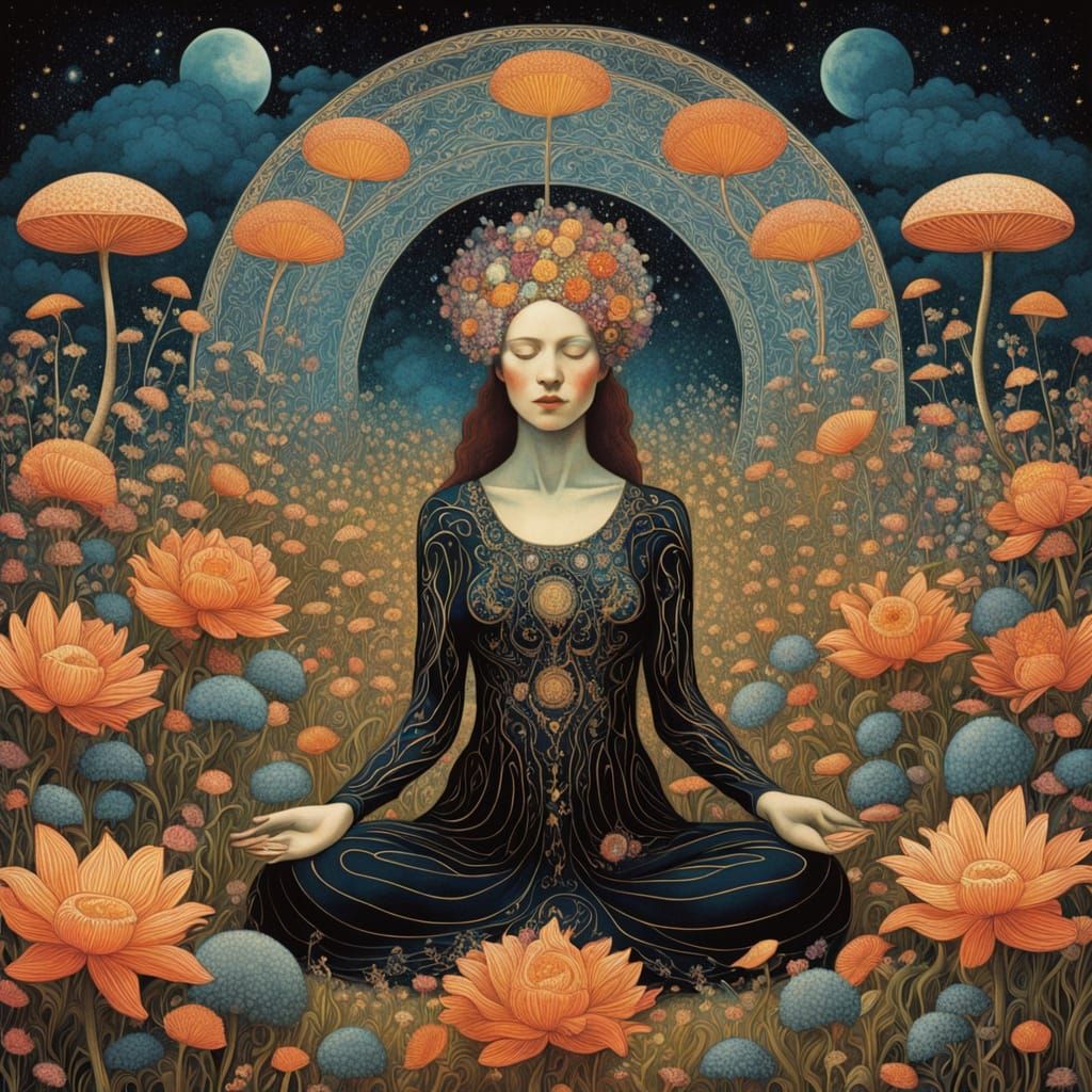 Mystical Woman Meditating in a Dreamlike Landscape