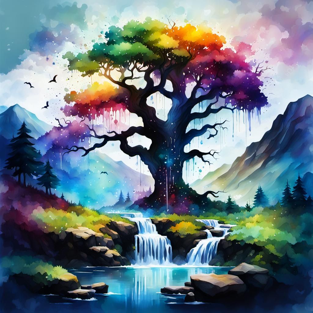 Watercolor Landscape with Unicorn in Splash Art Style
