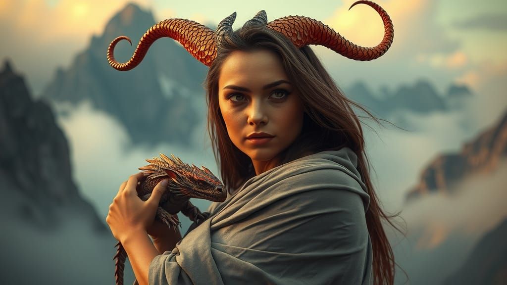 Mystical Dragon Woman in Fantasy Giclée Style