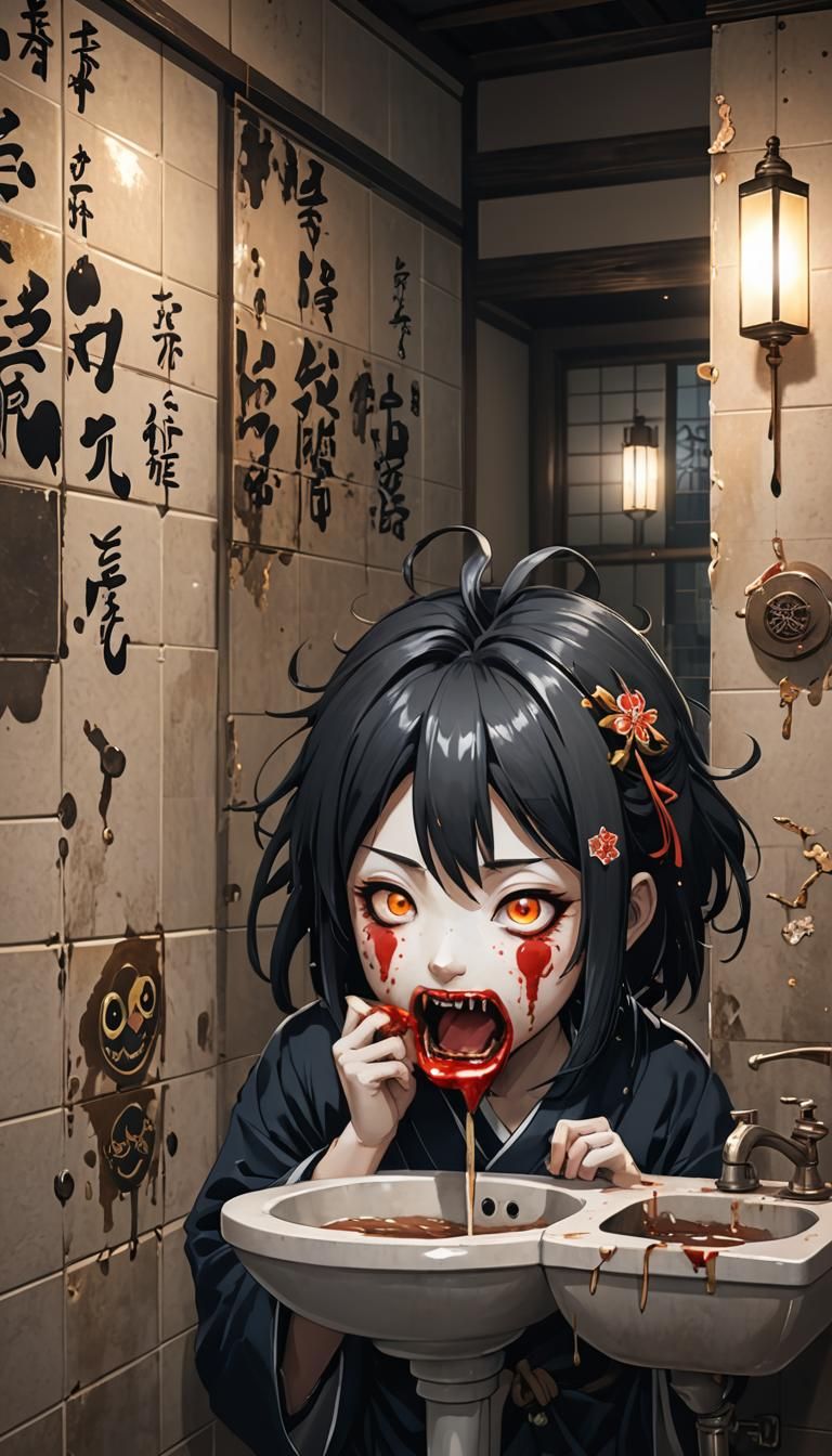 Akaname Yōkai Licking Bathroom Wall in Anime Art