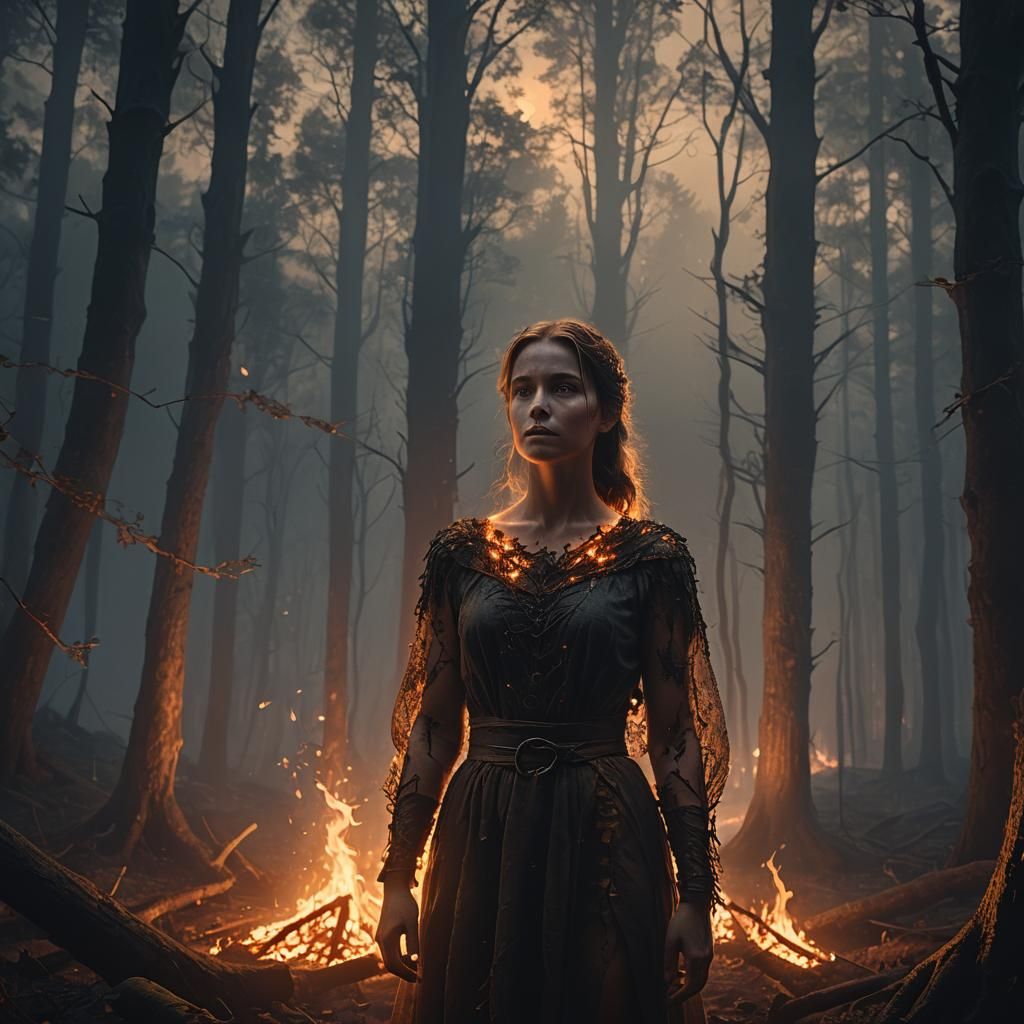 Ethereal Woman Ablaze in Misty Forest: Digital Painting
