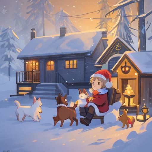 Festive Dog in Snowy Christmas Village