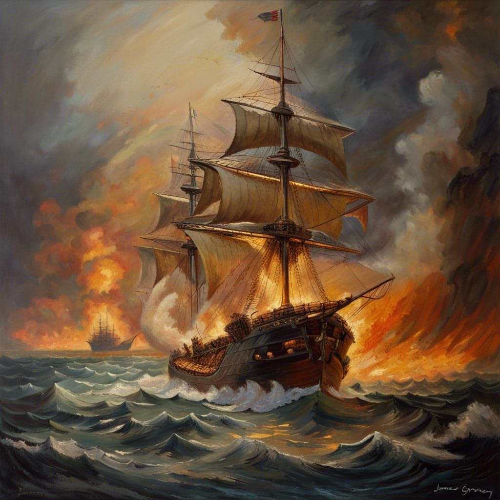 Epic Naval Battle in Impressionist Oil Painting
