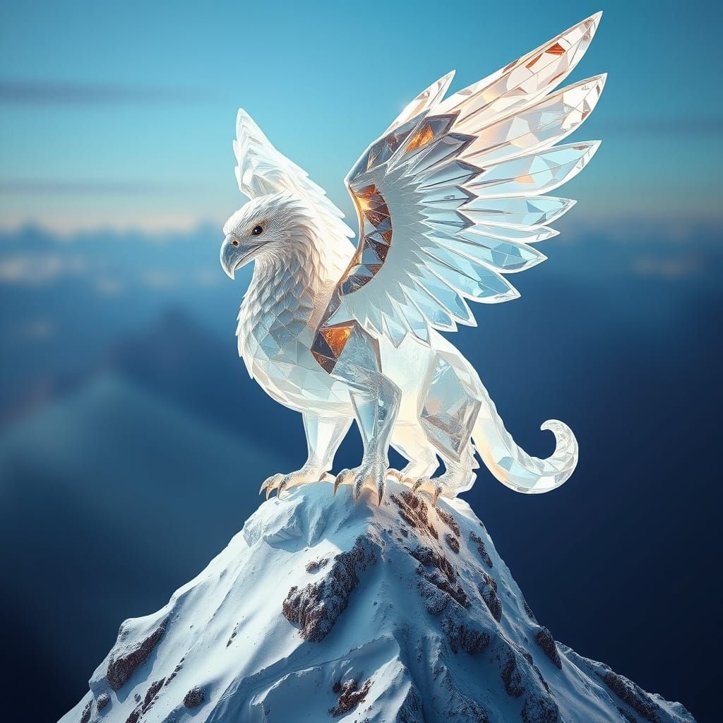 Quartz Griffin on Snowy Peak: Hyperrealistic Splash Art