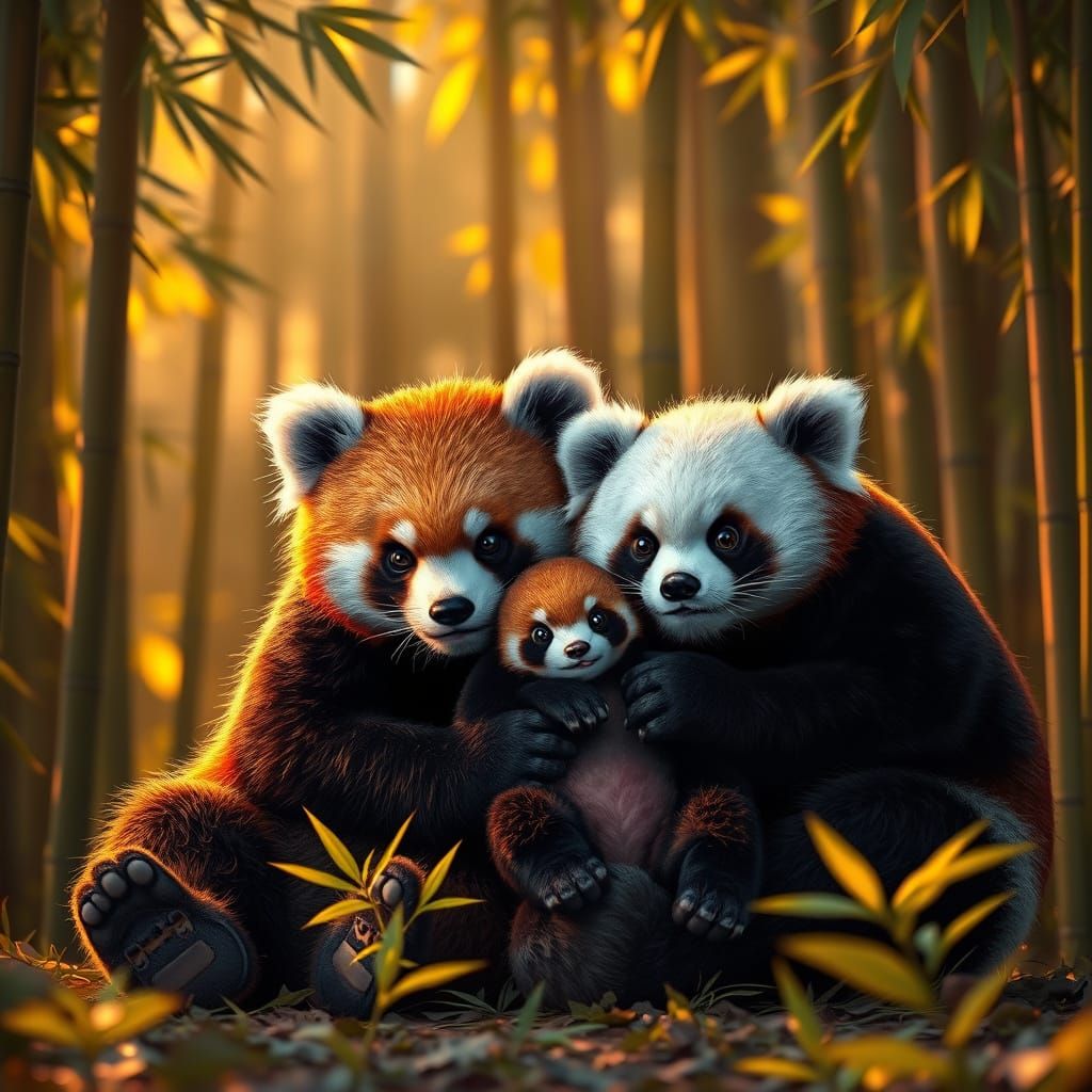 Red Panda Family in Golden Hour Bamboo Forest
