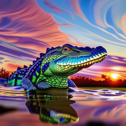 Colorful Alligator in Bayou at Sunset