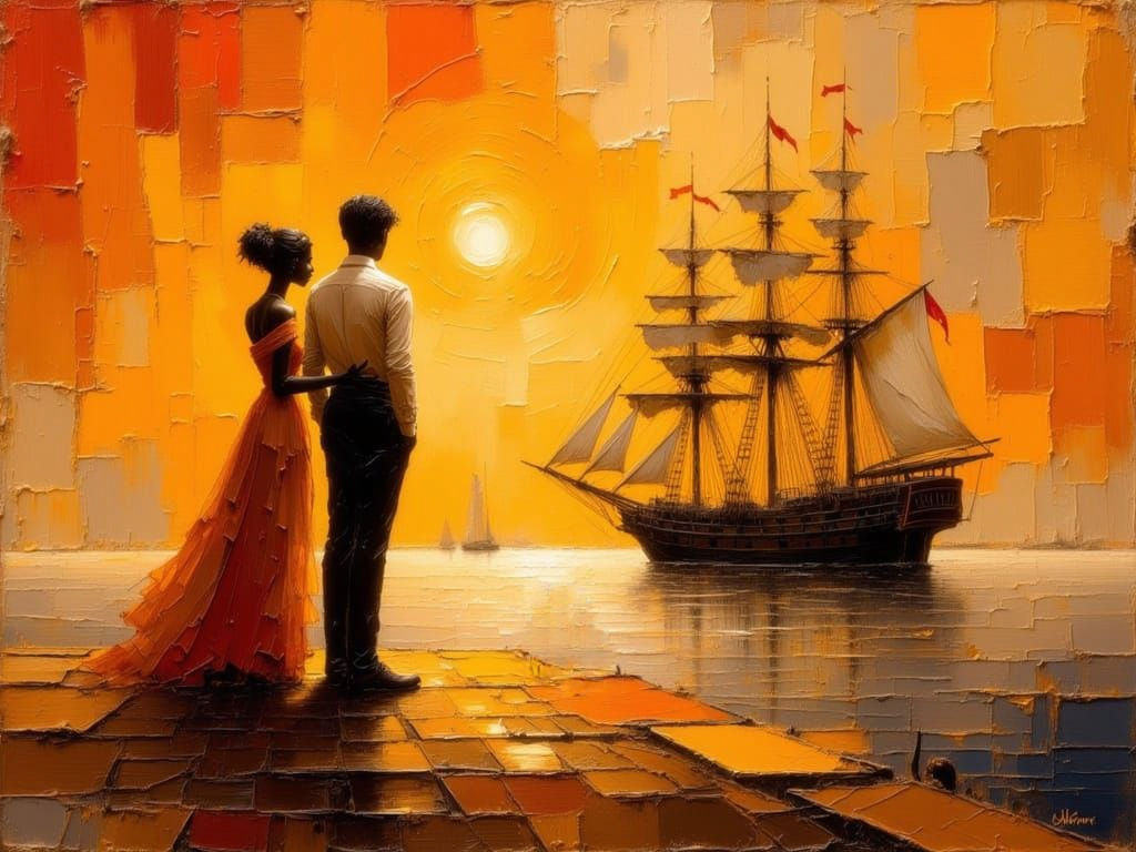 Monochrome Ship at Port: Impasto Victorian Painting