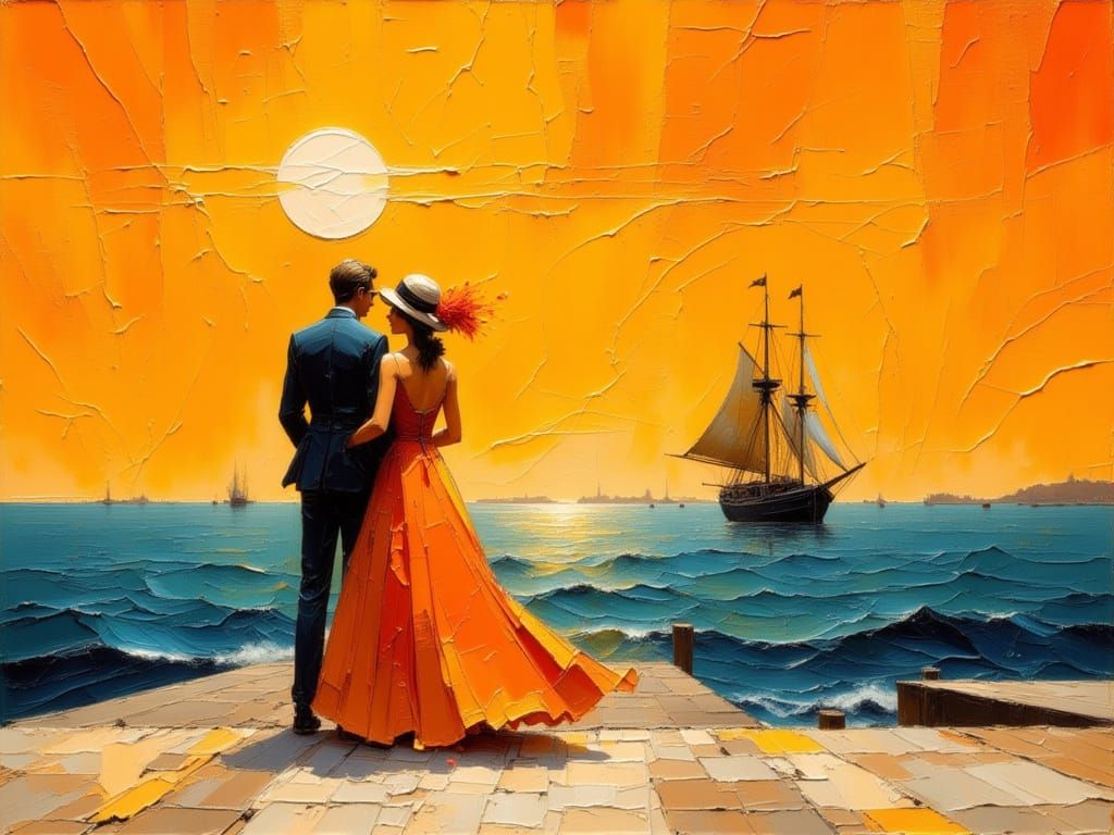 Monochromatic Orange Ship Arrival on Pier