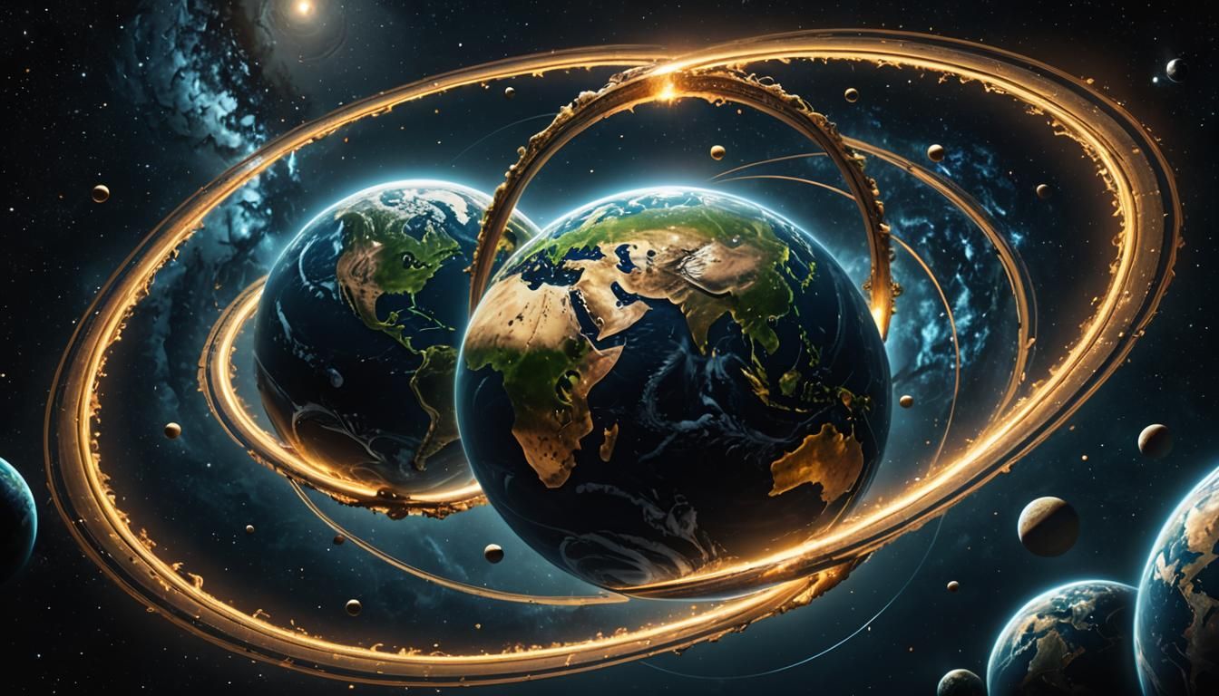 Earth with Golden Rings and Bioluminescent Glow