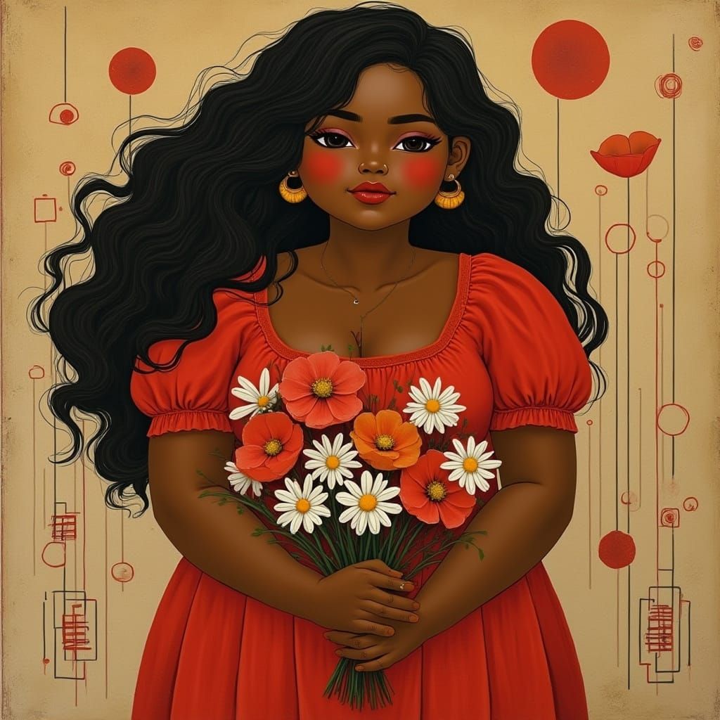 Girl with Poppies and Daisies in Tarsila do Amaral Style