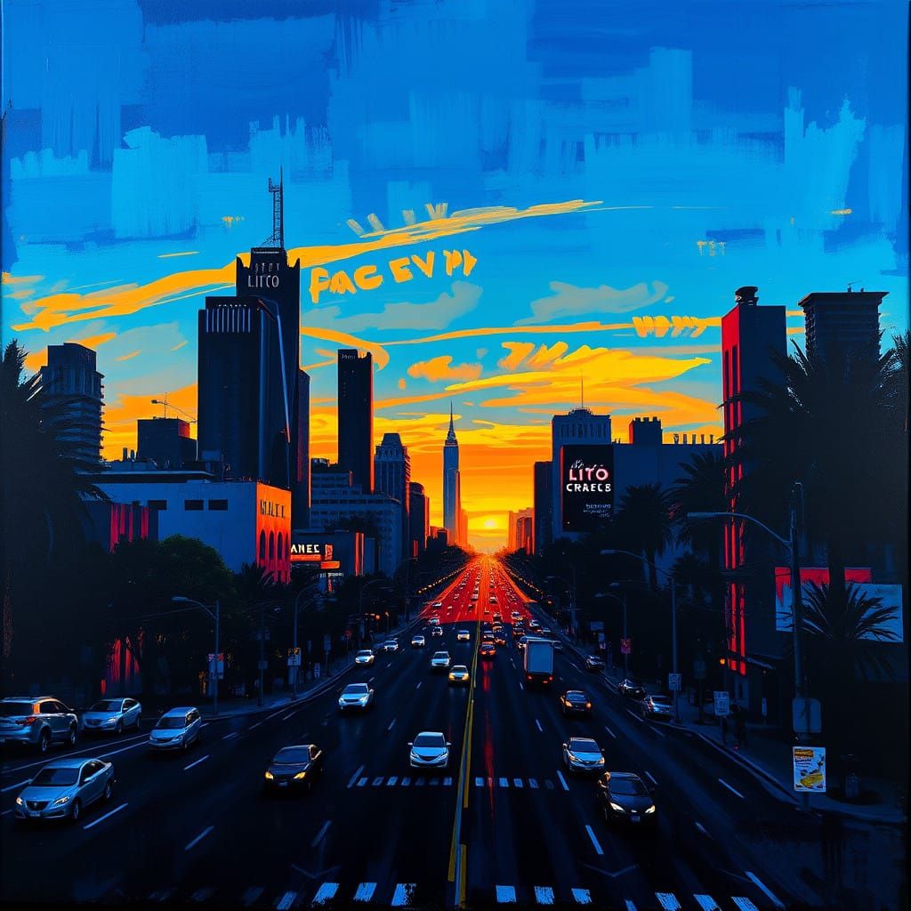 Los Angeles Sunset Silhouette in Mixed Media Style
