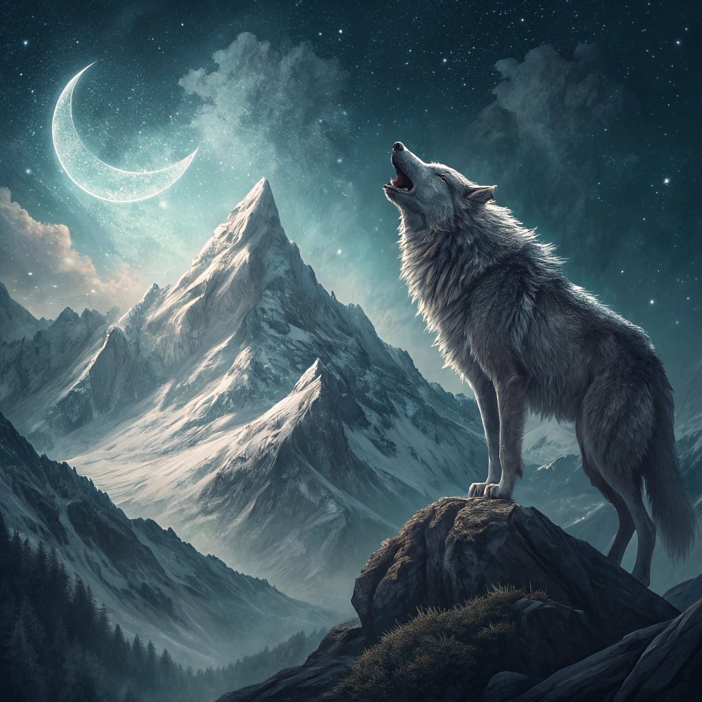 Wolf Howling at Moon in Surreal Landscape