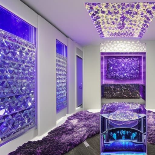 Crystal penthouse with Blue crystal walls with amethyst fractals clusters& Silver fractals accents& amethyst cluster fur...