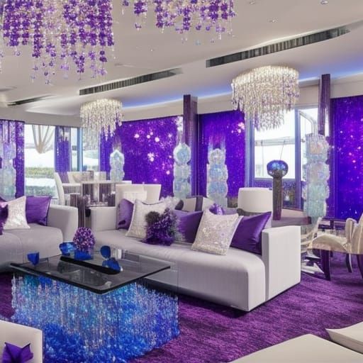 Crystal penthouse with Blue crystal walls with amethyst fractals clusters& Silver fractals accents& amethyst cluster fur...